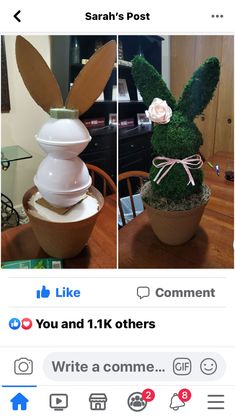 an easter bunny planter made out of fake grass and plastic eggs is shown on instagram