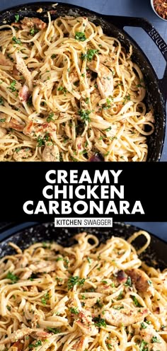 creamy chicken carbonara in a cast iron skillet