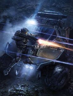 a man riding on the back of an armored vehicle in front of a light beam