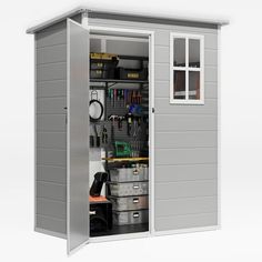 a storage shed with the door open and tools in it's center, on a white background