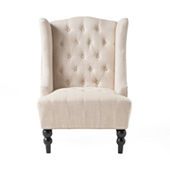 an upholstered chair with black legs and buttons on the back is shown in front of a white background