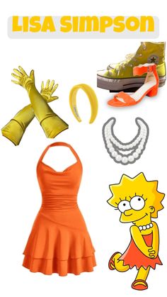 an orange dress and some accessories are arranged in the shape of simpsons's head