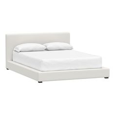 a bed with white sheets and pillows on it's headboard, against a white background