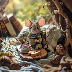 a mouse sitting on top of a bed next to a bowl of food and bread