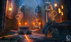 an image of a fantasy setting with statues and lights in the background, including two cats