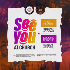 the poster for see you at church is displayed in front of an image of people