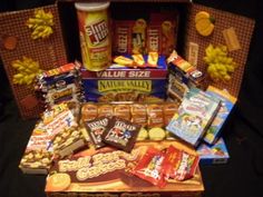 an assortment of snacks and condiments are displayed