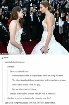 two women standing next to each other in front of cameras on the red carpet at an oscars event