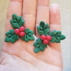 Holly/mistletoe earrings are perfect for the holiday and Christmas season!  Handmade one of a kind polymer clay earrings. Made with green and red clay. These come with a hypoallergenic earring stud post. Made with love in Michigan ❤️ Mistletoe Earrings, Earrings Ideas, Valentines Earrings, Polymer Clay Christmas, Earring Stud, Earring Studs, Red Clay, Hypoallergenic Earrings, Felt Diy