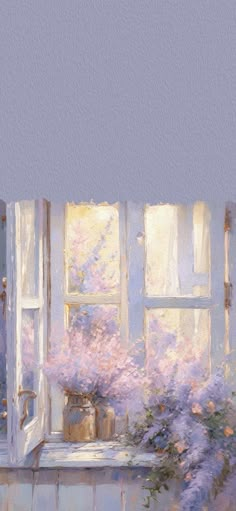 a painting of an open window with purple flowers