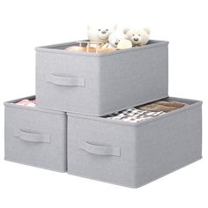 two grey storage bins with teddy bears on top and checkered blanket in bottom