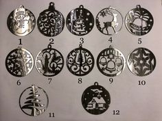 twelve christmas ornament ornaments are shown in black and white, with numbers on them