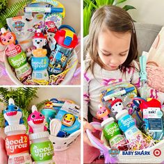 a collage of photos showing the contents of a baby shark gift basket