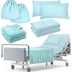 a hospital bed with blue sheets and pillows