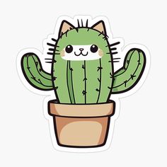 a green cactus sticker sitting on top of a potted plant with its eyes closed