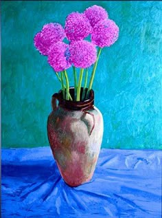 a painting of purple flowers in a vase