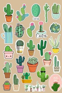 various cactus stickers are shown on a beige background, including cacti and succulents