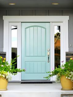 two planters with flowers in front of a blue door on a white step next to potted plants