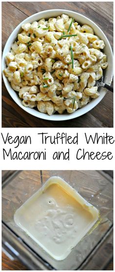 macaroni and cheese in a white bowl with the words vegan stuffed white macaroni and cheese