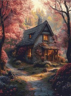 a painting of a cottage in the woods with flowers and trees on either side of it