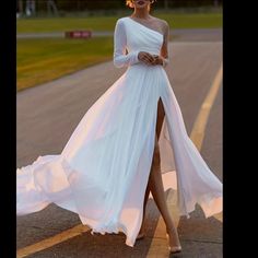 Split Thigh Solid Dress, Elegant Contrast Mesh Long Sleeve Maxi Wedding Or Any Party Dress. White Chiffon Evening Dress, One-shoulder Chiffon Evening Dress For Wedding, Elegant Fitted Chiffon Wedding Dress, One-shoulder Evening Maxi Dress For Wedding, Jeweled Wedding Dress, High Waist Maxi Dress, Dresses Occasion, Character Clothing, Maxi Dress Outfit