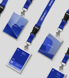 four id holders with lanyards attached to them, all in blue and black