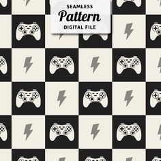 seamless pattern with video game controllers and lightning bolt on black and white checkered background