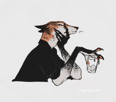 a drawing of a fox holding a drink in it's hand and sitting down