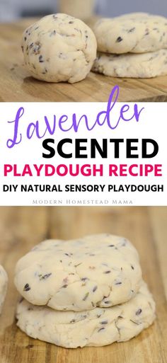 lavender scented playdough recipe on a cutting board with text overlay that reads lavender scented playdough