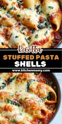 two pictures of stuffed pasta shells in a pan with cheese and spinach on top