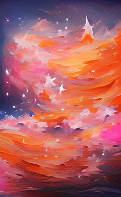 an orange and pink painting with stars in the sky