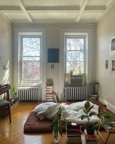 a room with two windows, a radiator and some plants on the floor