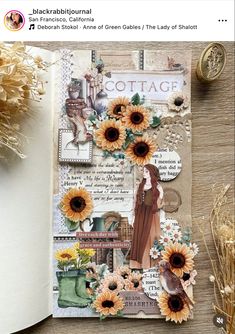 an open book with sunflowers and other items on top of the page, next to some dried flowers