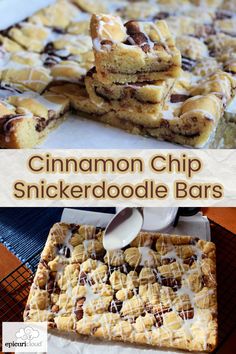 cinnamon chip snickkerdoodle bars are stacked on top of each other and ready to be eaten