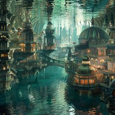 an underwater city is shown in this painting