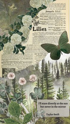 a collage of flowers and butterflies with the words lilies written on it in green