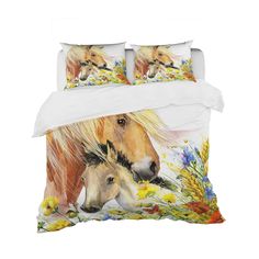 two horses are standing next to each other on a bed with white sheets and pillows