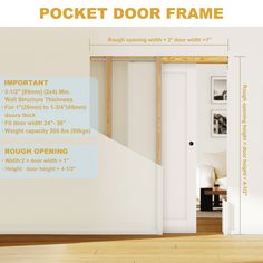 an open door with measurements for the room