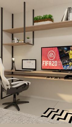 a computer chair sitting in front of a flat screen tv