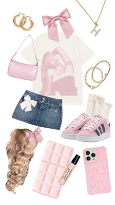 sabrina carpenter concert outfit ideass, trendy, adidas sambas, pink and white graphic t shirt, mini denim skirt, gold jewellery sabrina carpenter songs, pink hair bow Bow Skirt Outfit, Sabrina Carpenter Songs, Sabrina Carpenter Concert, Christmas Outfit Aesthetic, Outfit Ideas College, Cute Concert Outfits, Summer Wedding Gowns, Nyc Winter Outfits