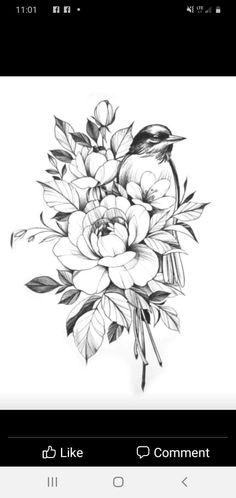 a black and white drawing of flowers with a bird sitting on top of the flower