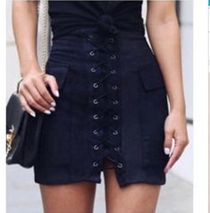 Lace up mini skirt #skirt #fashion #streetwear #outfits #skirts #fashiontrends #blue #feminine #clothing #women #bottoms Plus Size Looks, Street Style 2016, Faux Suede Skirt, Daily Fashion Inspiration, Suede Mini Skirt, Suede Skirt, Inspiration Mode, Black Skirt, Vintage Skirt