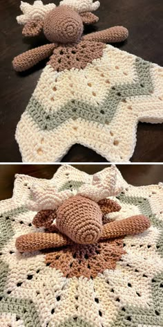 crocheted stuffed animals are laying on top of each other in the same pattern