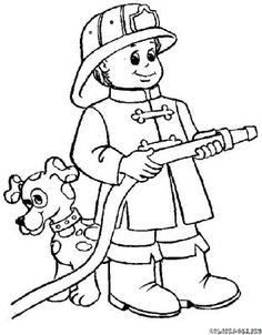 a coloring page with a fireman holding a hose and a dog on the leash