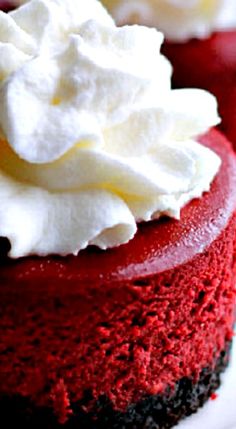 red velvet cake with whipped cream on top