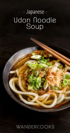 japanese udon noodle soup in a bowl with chopsticks