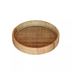 a round wooden tray with wicker in the middle