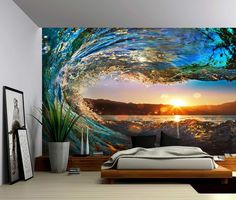 a bedroom scene with focus on the bed and wallpaper that looks like a wave