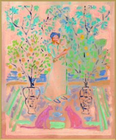 an abstract painting of a woman standing in front of flowers and trees with two vases