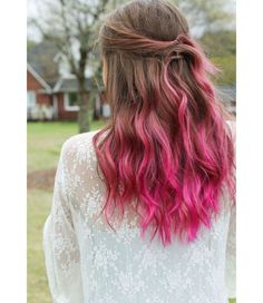 Neon Pink Highlights In Brown Hair, Brown Hair With Pink Ombre, Pink Tips On Brown Hair, Pink Dyed Tips, Pink Hair Ends, Hot Pink Highlights In Brown Hair, White Ombre Hair, Best Ombre Hair, Hair Dye Tips